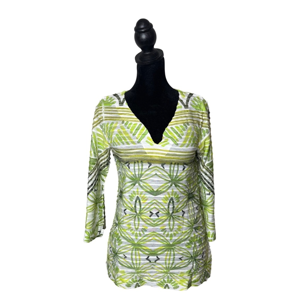 Before + Again Bell Sleeve Burnout Top Womens XS Green Artsy Pleated Textured